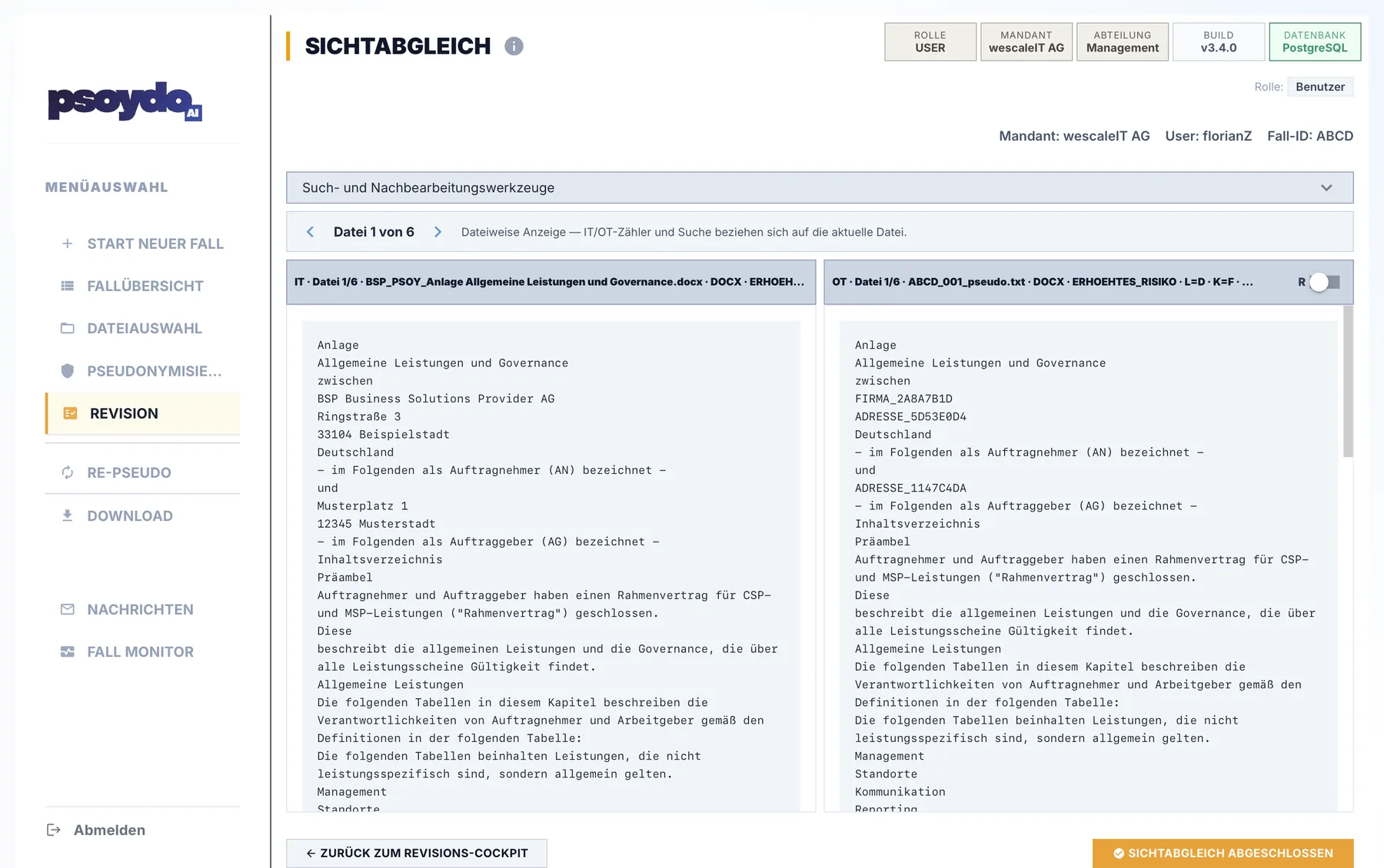 Psoydo Sichtabgleich zwischen Original und pseudonymisierter Ausgabe